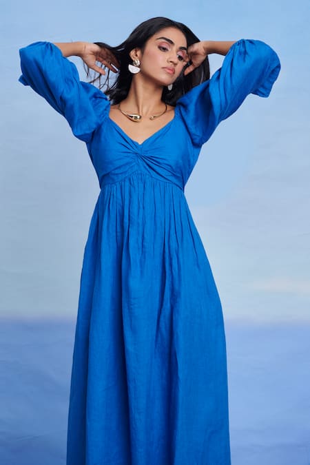 Saphed_Blue Linen Sweetheart Neck Santorini Front Twist Dress _Online_at_Aza_Fashions