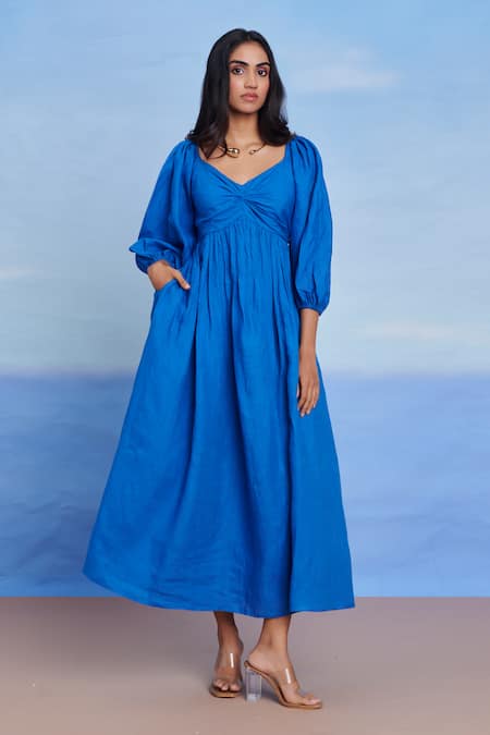 Saphed Blue Linen Sweetheart Neck Santorini Front Twist Dress