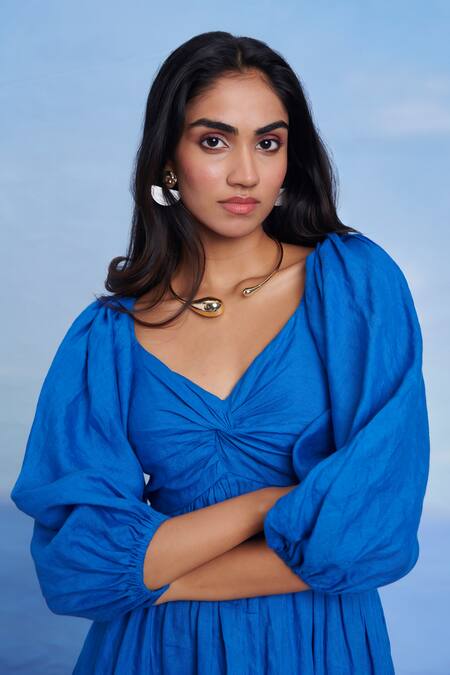 Saphed_Blue Linen Sweetheart Neck Santorini Front Twist Dress _at_Aza_Fashions