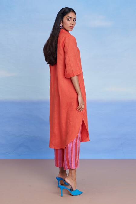 Saphed_Orange Linen Collared Tangerine Shirt Kurta _Online_at_Aza_Fashions