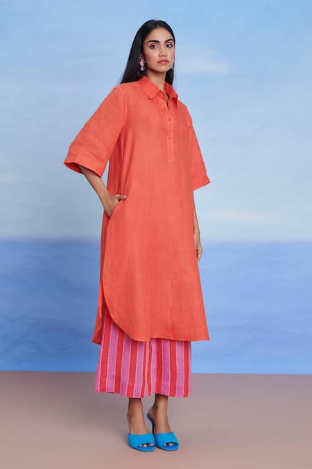 Buy_Saphed_Orange Linen Collared Tangerine Shirt Kurta _Online_at_Aza_Fashions