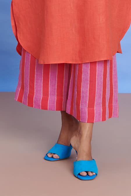 Saphed_Orange Linen Collared Tangerine Amalfi Women's Shirt Kurta Set _Online_at_Aza_Fashions