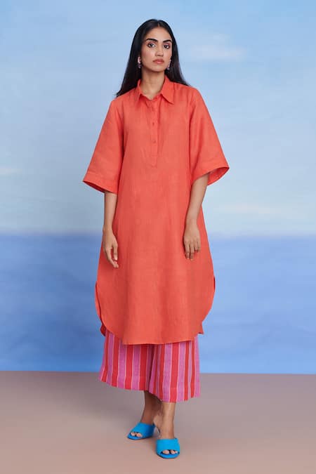 Buy_Saphed_Orange Linen Collared Tangerine Amalfi Women's Shirt Kurta Set _Online_at_Aza_Fashions