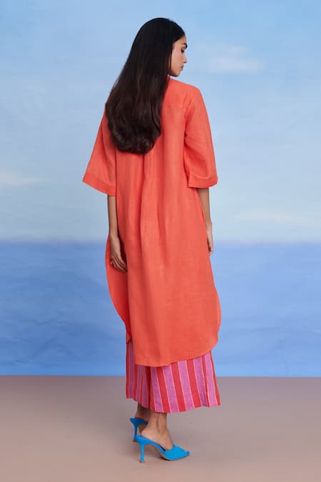 Saphed Tangerine Amalfi Linen Women's Shirt Kurta Set 