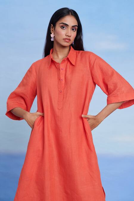 Shop_Saphed_Orange Linen Collared Tangerine Amalfi Women's Shirt Kurta Set _Online_at_Aza_Fashions