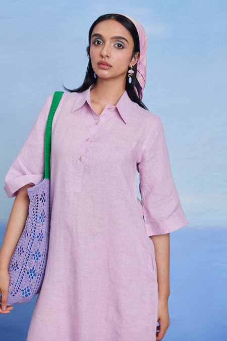 Saphed Lilac Linen Collared Shirt Kurta Online at Aza Fashions Saphed_Lilac Linen Collared Shirt Kurta _Online_at_Aza_Fashions