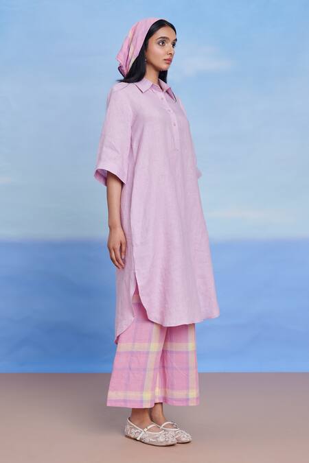 Buy Saphed Lilac Linen Collared Shirt Kurta Online at Aza Fashions Buy_Saphed_Lilac Linen Collared Shirt Kurta _Online_at_Aza_Fashions