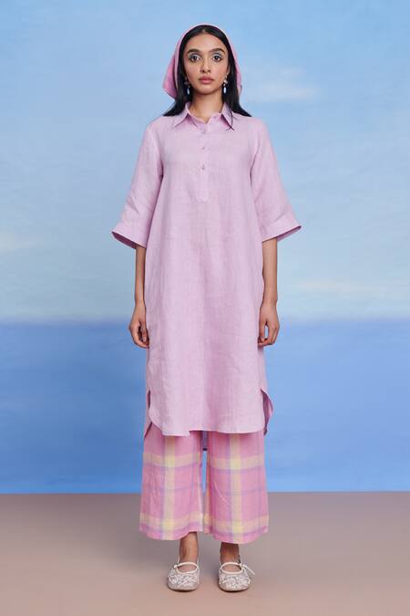 Shop Saphed Lilac Linen Collared Shirt Kurta Online at Aza Fashions Shop_Saphed_Lilac Linen Collared Shirt Kurta _Online_at_Aza_Fashions