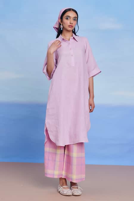 Saphed Lilac Linen Collared Cassata Amalfi Shirt Kurta Set 