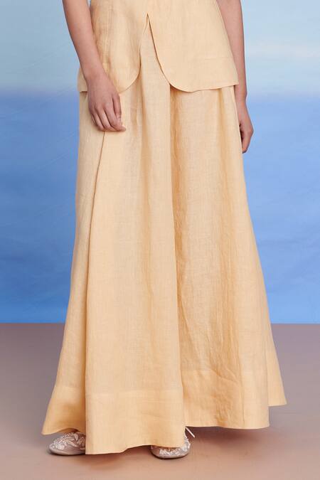 Saphed_Yellow Linen Butterscotch Maxi Skirt _Online_at_Aza_Fashions