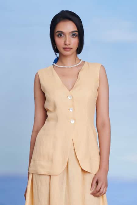 Saphed_Yellow Linen V-neck Butterscotch And Maxi Set _Online_at_Aza_Fashions