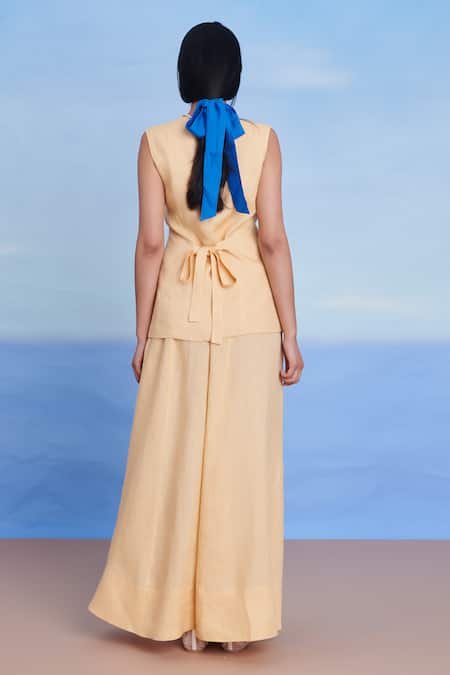 Saphed Butterscotch Linen V-neck Skirt & Maxi Skirt Set 