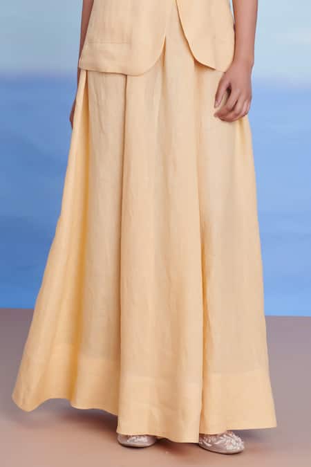 Shop_Saphed_Yellow Linen V-neck Butterscotch And Maxi Set _Online_at_Aza_Fashions