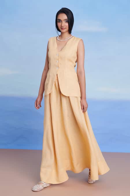 Saphed_Yellow Linen V-neck Butterscotch And Maxi Set _at_Aza_Fashions