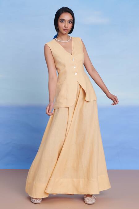 Shop_Saphed_Yellow Linen V-neck Butterscotch And Maxi Set 