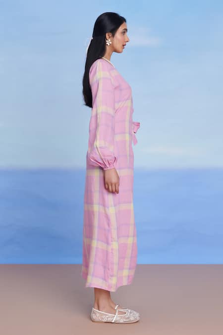 Saphed Pink Linen V-neck Cassata Wrap Billow Dress Online at Aza Fashions Saphed_Pink Linen V-neck Cassata Wrap Billow Dress _Online_at_Aza_Fashions