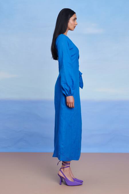 Saphed_Blue Linen V-neck Santorini Wrap Billow Dress _Online_at_Aza_Fashions