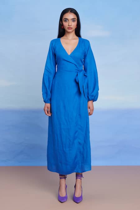 Saphed Blue Linen V-neck Santorini Wrap Billow Dress