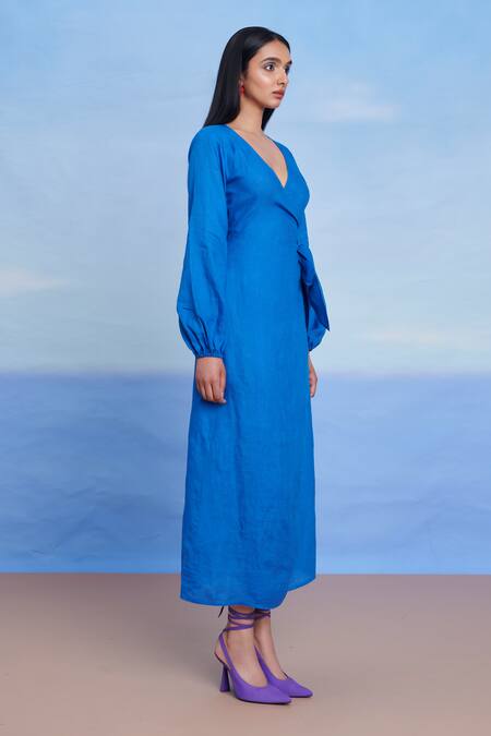 Shop_Saphed_Blue Linen V-neck Santorini Wrap Billow Dress _Online_at_Aza_Fashions