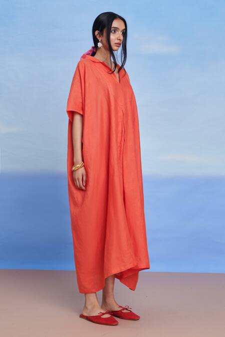 Saphed_Orange Linen V-neck, Collared Tangerine Kaftan Dress _Online_at_Aza_Fashions