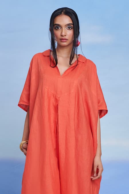 Buy_Saphed_Orange Linen V-neck, Collared Tangerine Kaftan Dress _Online_at_Aza_Fashions