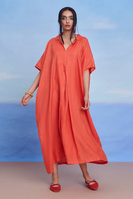 Shop_Saphed_Orange Linen V-neck, Collared Tangerine Kaftan Dress _Online_at_Aza_Fashions