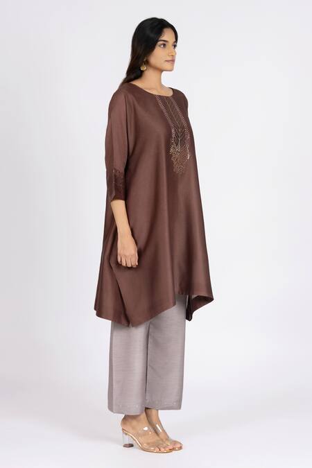 Bhavik Shah_Brown Chanderi , Cotton, Metallic Kaamdani Embellished Kimono Kurta Set _Online_at_Aza_Fashions