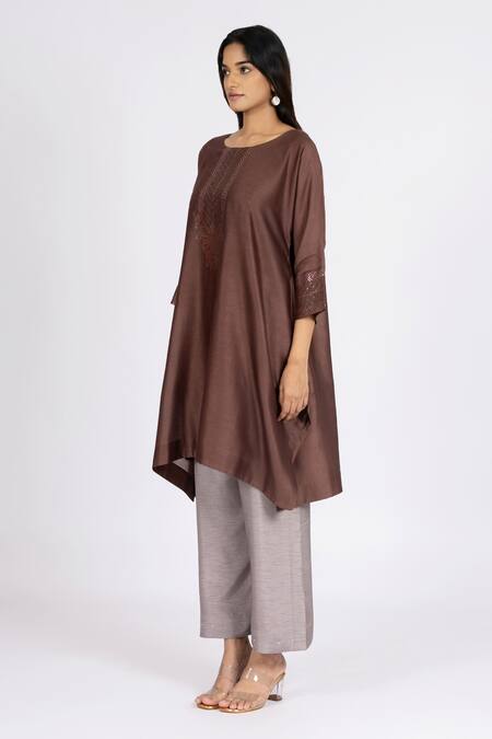 Buy_Bhavik Shah_Brown Chanderi , Cotton, Metallic Kaamdani Embellished Kimono Kurta Set _Online_at_Aza_Fashions