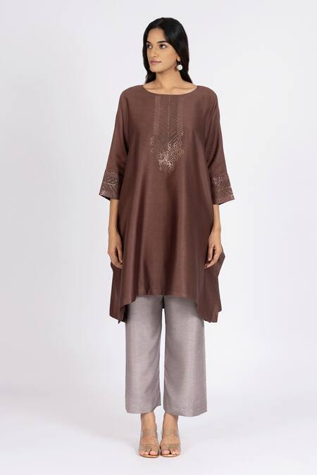Shop_Bhavik Shah_Brown Chanderi , Cotton, Metallic Kaamdani Embellished Kimono Kurta Set _Online_at_Aza_Fashions