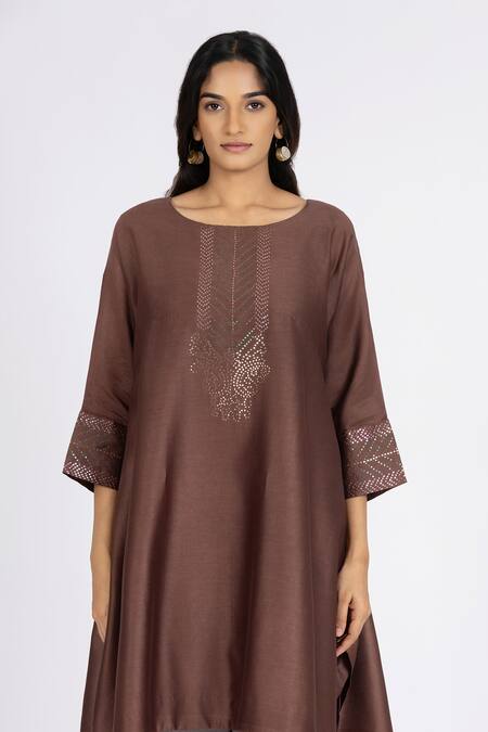 Bhavik Shah_Brown Chanderi , Cotton, Metallic Kaamdani Embellished Kimono Kurta Set _at_Aza_Fashions