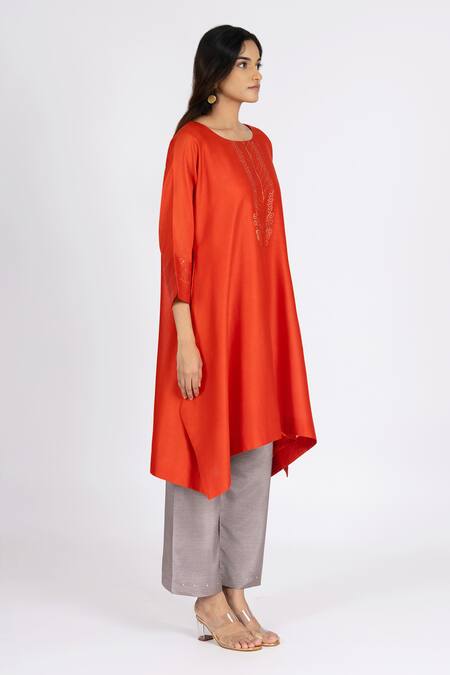 Bhavik Shah_Orange Chanderi , Cotton, Kaamdani Embellished Kimono Kurta Set _Online_at_Aza_Fashions