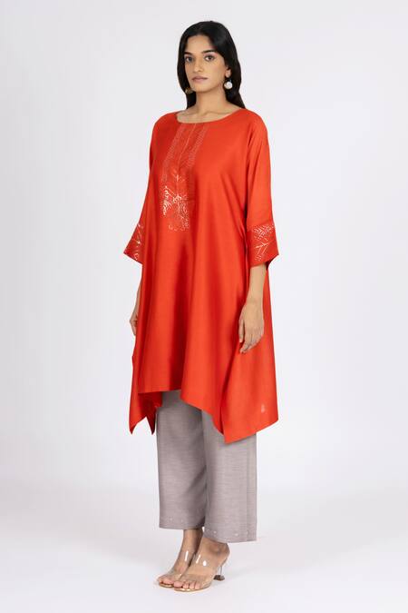 Buy_Bhavik Shah_Orange Chanderi , Cotton, Kaamdani Embellished Kimono Kurta Set _Online_at_Aza_Fashions