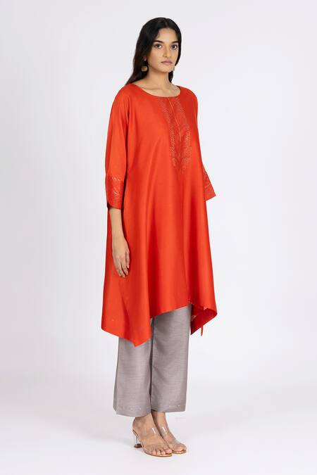 Shop_Bhavik Shah_Orange Chanderi , Cotton, Kaamdani Embellished Kimono Kurta Set _Online_at_Aza_Fashions