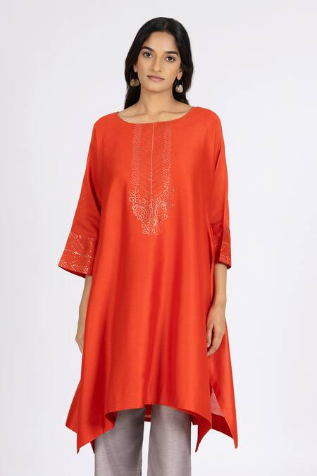 Bhavik Shah_Orange Chanderi , Cotton, Kaamdani Embellished Kimono Kurta Set _at_Aza_Fashions