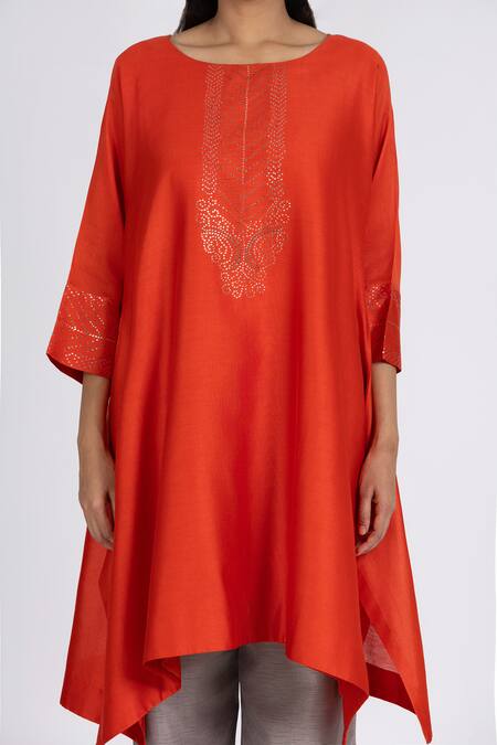 Buy_Bhavik Shah_Orange Chanderi , Cotton, Kaamdani Embellished Kimono Kurta Set 