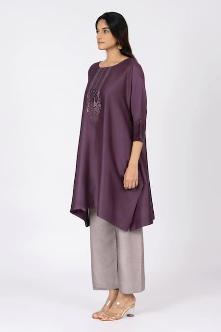 Bhavik Shah_Purple Chanderi , Cotton, Kaamdani Embellished Kimono Kurta Set _Online_at_Aza_Fashions