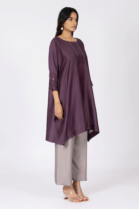 Buy_Bhavik Shah_Purple Chanderi , Cotton, Kaamdani Embellished Kimono Kurta Set _Online_at_Aza_Fashions