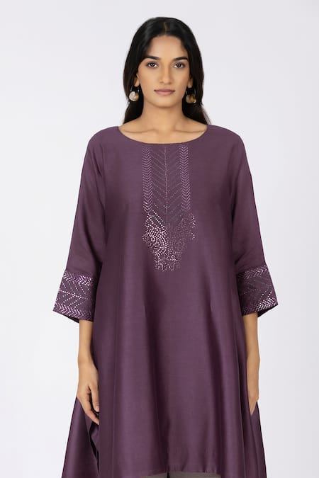 Bhavik Shah_Purple Chanderi , Cotton, Kaamdani Embellished Kimono Kurta Set _at_Aza_Fashions