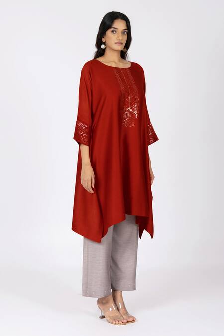 Bhavik Shah_Red Chanderi , Cotton, Kaamdani Embellished Kimono Kurta Set _Online_at_Aza_Fashions