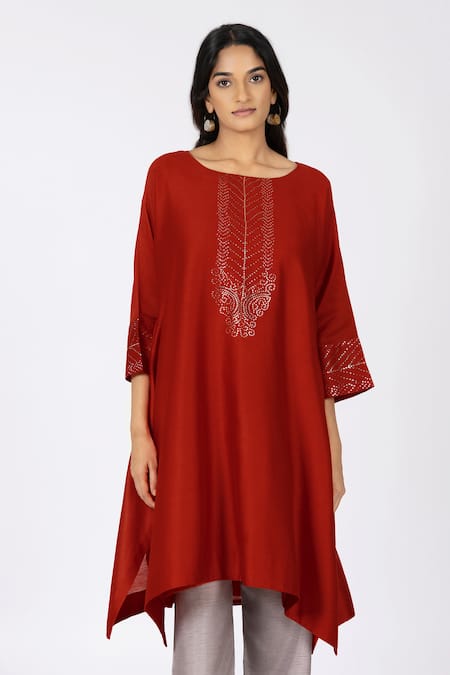 Shop_Bhavik Shah_Red Chanderi , Cotton, Kaamdani Embellished Kimono Kurta Set _Online_at_Aza_Fashions