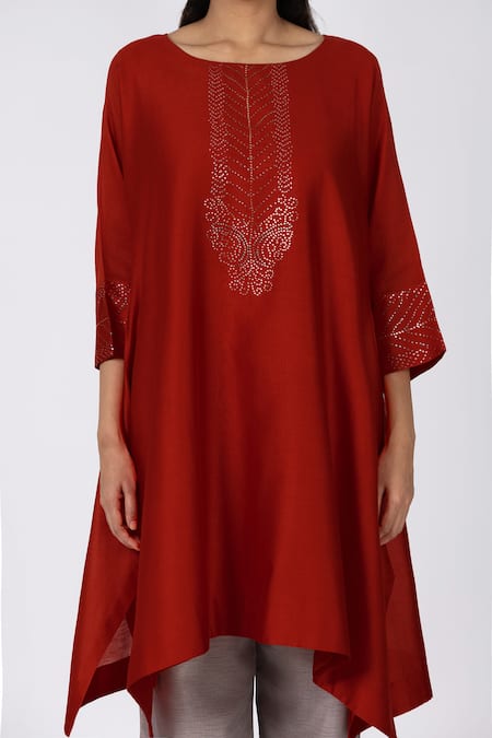 Bhavik Shah_Red Chanderi , Cotton, Kaamdani Embellished Kimono Kurta Set _at_Aza_Fashions