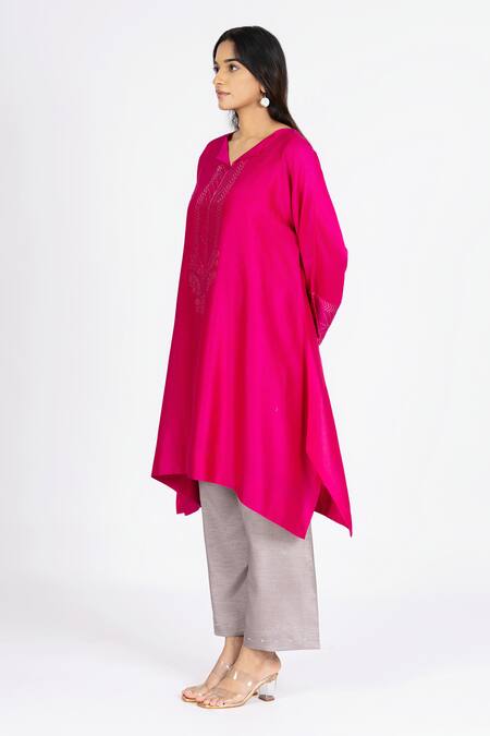 Buy_Bhavik Shah_Pink Chanderi , Cotton, Kaamdani Placket Embellished Kimono Kurta Set _Online_at_Aza_Fashions