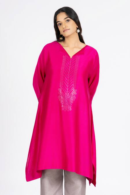 Shop_Bhavik Shah_Pink Chanderi , Cotton, Kaamdani Placket Embellished Kimono Kurta Set _Online_at_Aza_Fashions