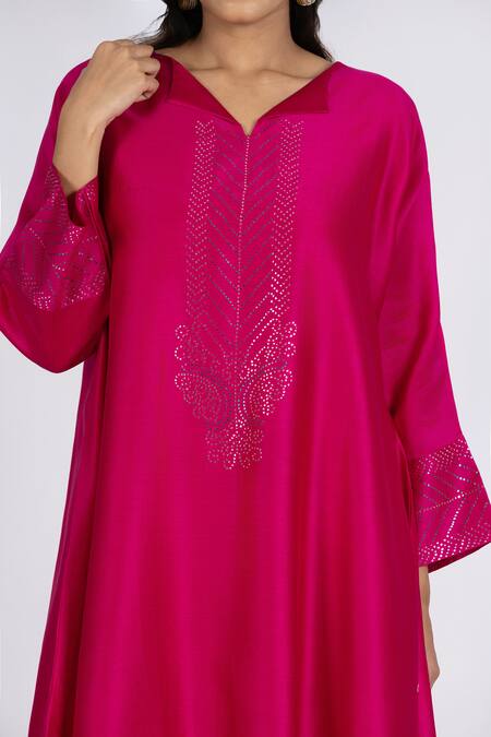 Bhavik Shah_Pink Chanderi , Cotton, Kaamdani Placket Embellished Kimono Kurta Set _at_Aza_Fashions