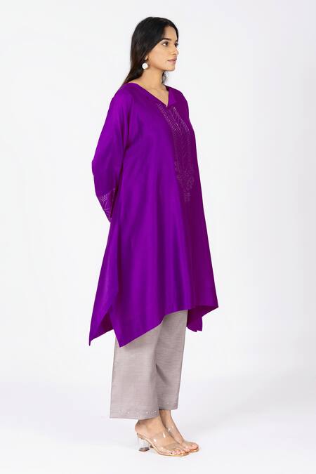 Buy_Bhavik Shah_Purple Chanderi , Cotton, Kaamdani Placket Embellished Kimono Kurta Set _Online_at_Aza_Fashions