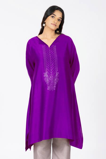 Shop_Bhavik Shah_Purple Chanderi , Cotton, Kaamdani Placket Embellished Kimono Kurta Set _Online_at_Aza_Fashions