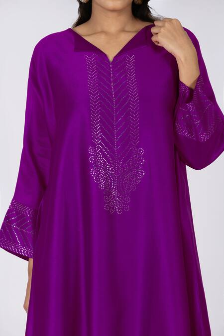 Bhavik Shah_Purple Chanderi , Cotton, Kaamdani Placket Embellished Kimono Kurta Set _at_Aza_Fashions