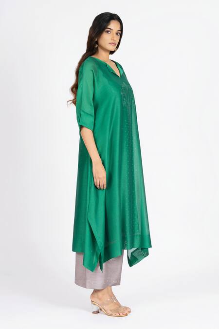 Buy_Bhavik Shah_Emerald Green Chanderi , Cotton, Kaamdani Embellished Kimono Kurta Set _Online_at_Aza_Fashions