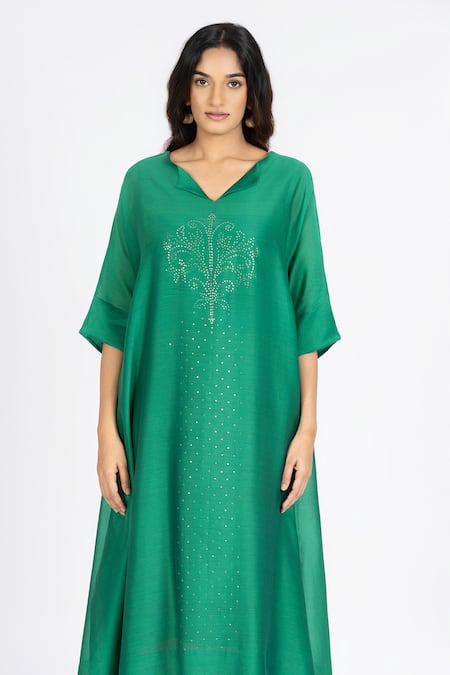 Shop_Bhavik Shah_Emerald Green Chanderi , Cotton, Kaamdani Embellished Kimono Kurta Set _Online_at_Aza_Fashions