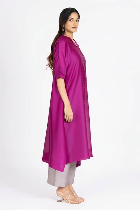 Buy_Bhavik Shah_Pink Chanderi , Cotton, Kaamdani Embellished Kimono Kurta And Pant Set _Online_at_Aza_Fashions